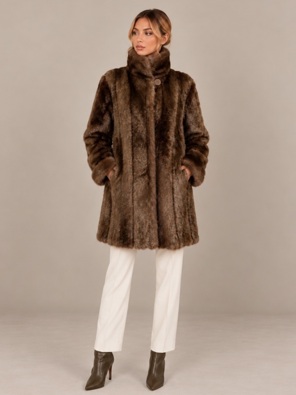 Dennis Basso Vintage Faux Mink Fur Coat Sable Brown Large
